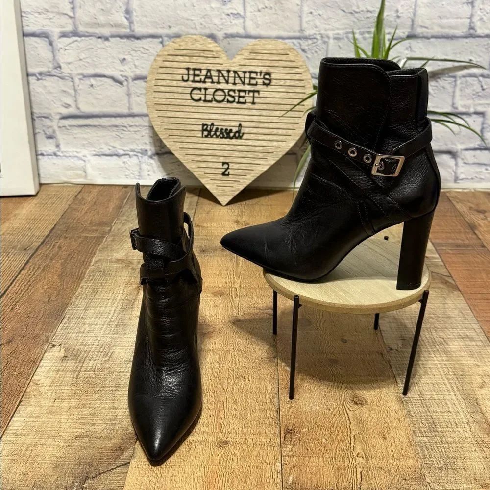Paige Camille Pointed Toe Black Leather Buckle Straps Ankle Boots